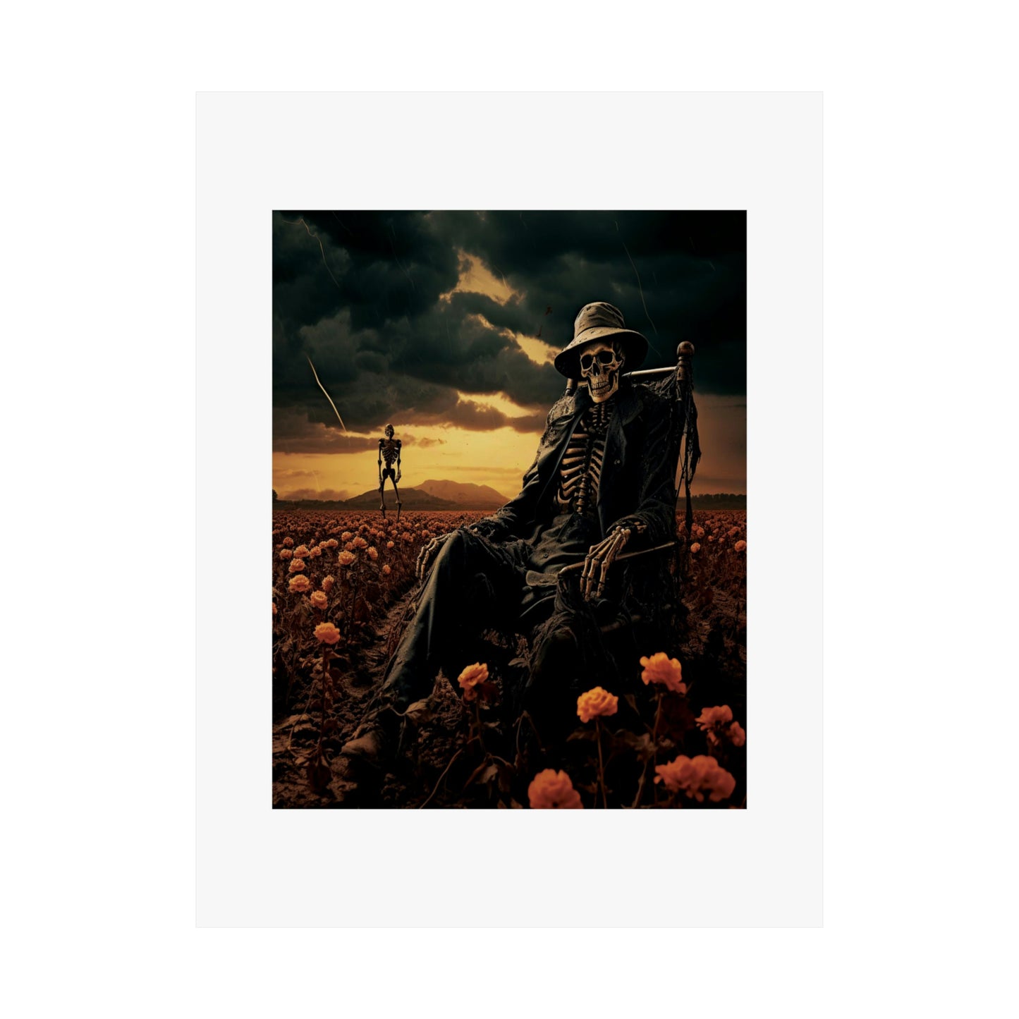 Halloween unique poster | Skeleton Farmer in field of flowers | Halloween Wall Art
