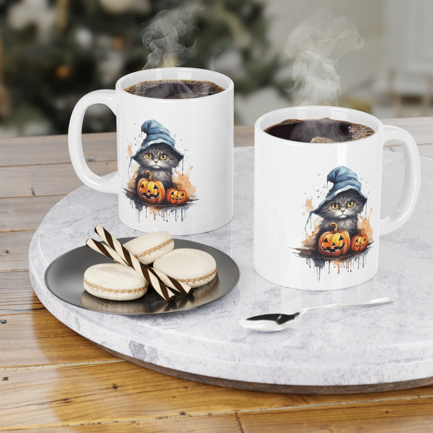 Halloween Grey Cat with Witch Hat Ceramic Mugs (11oz\15oz\20oz)