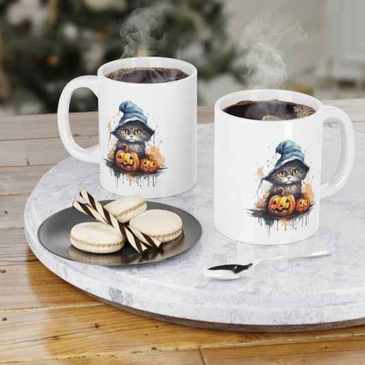 Halloween Grey Cat with Witch Hat Ceramic Mugs (11oz\15oz\20oz)