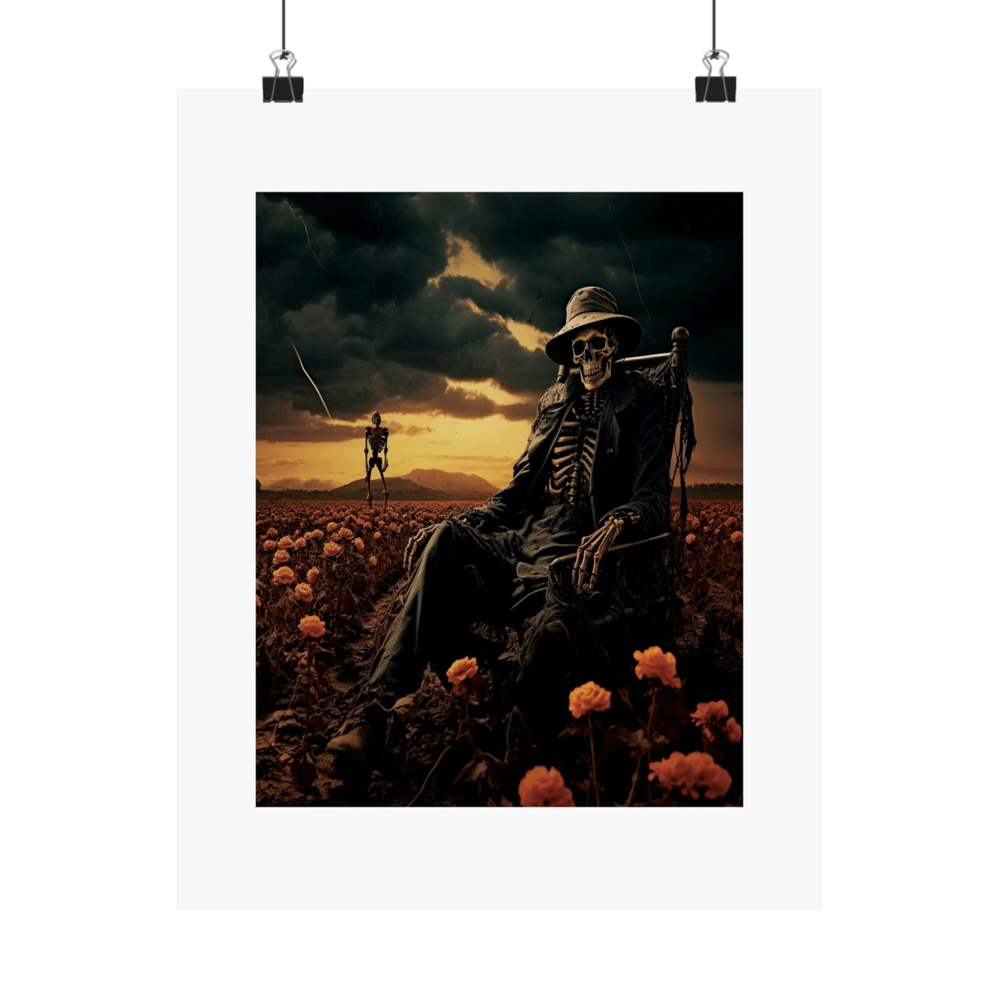 Halloween unique poster | Skeleton Farmer in field of flowers | Halloween Wall Art