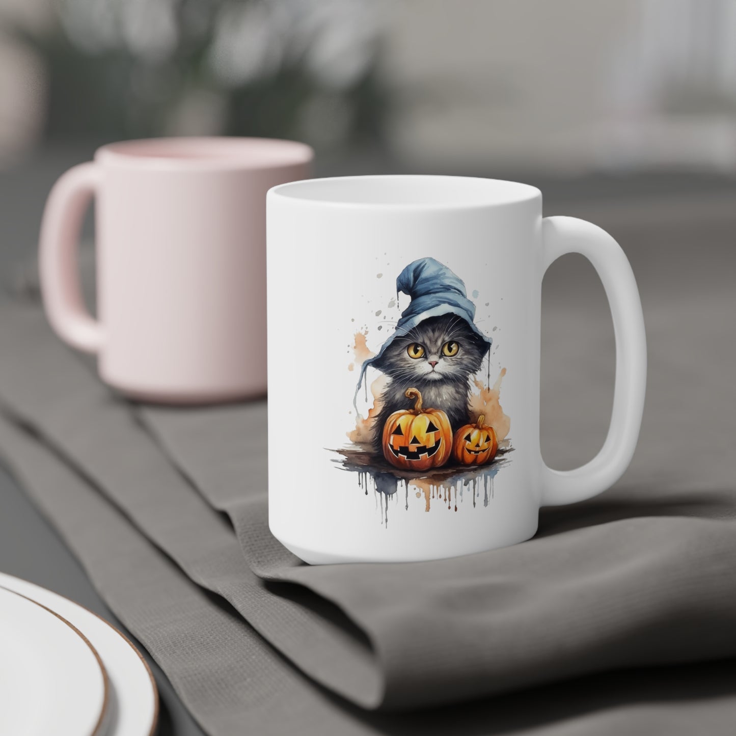 Halloween Grey Cat with Witch Hat Ceramic Mugs (11oz\15oz\20oz)