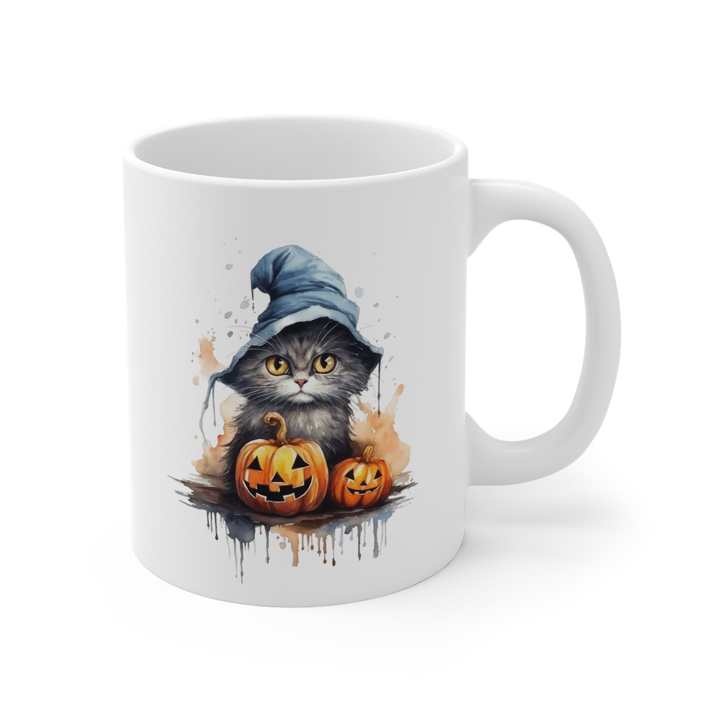 Halloween Grey Cat with Witch Hat Ceramic Mugs (11oz\15oz\20oz)