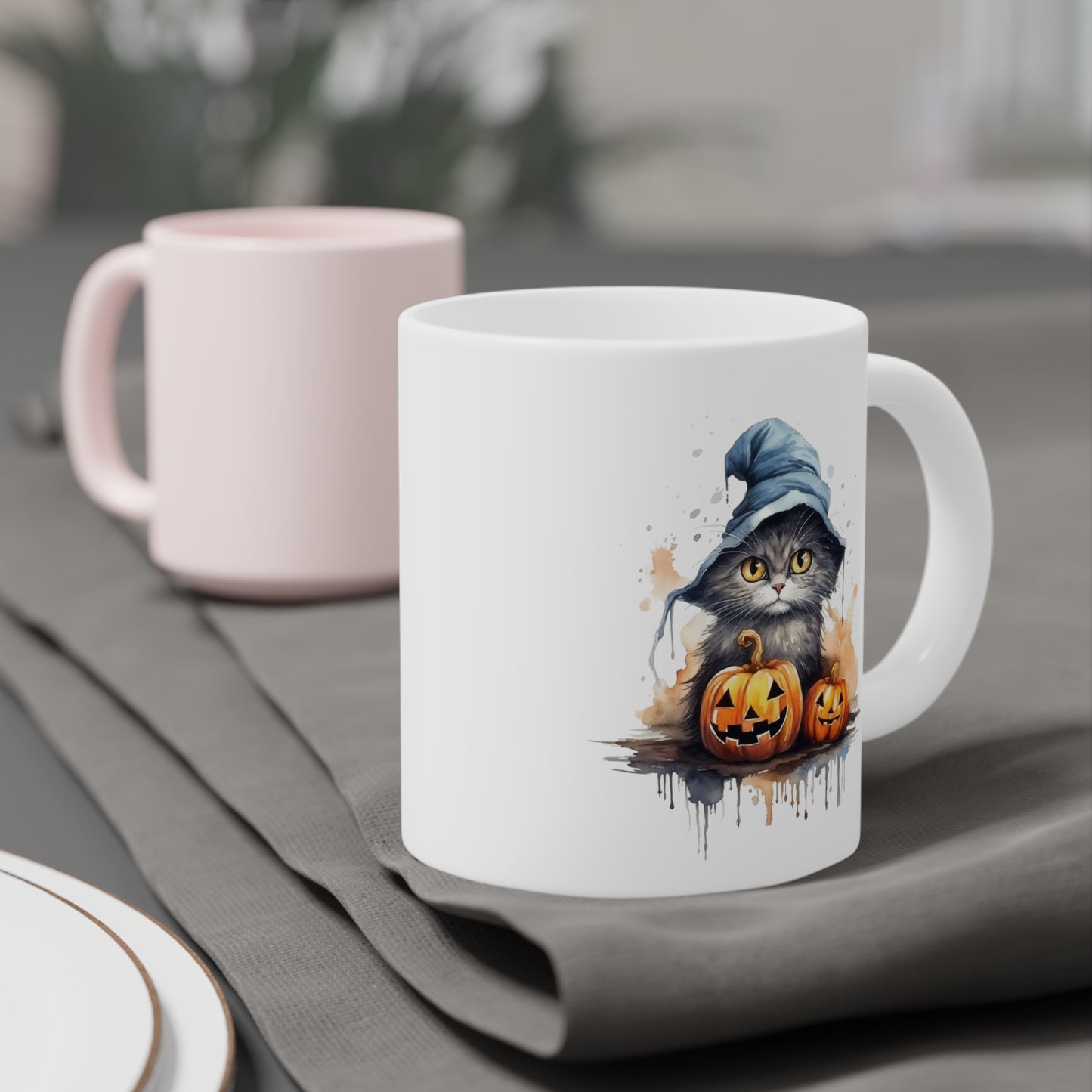 Halloween Grey Cat with Witch Hat Ceramic Mugs (11oz\15oz\20oz)