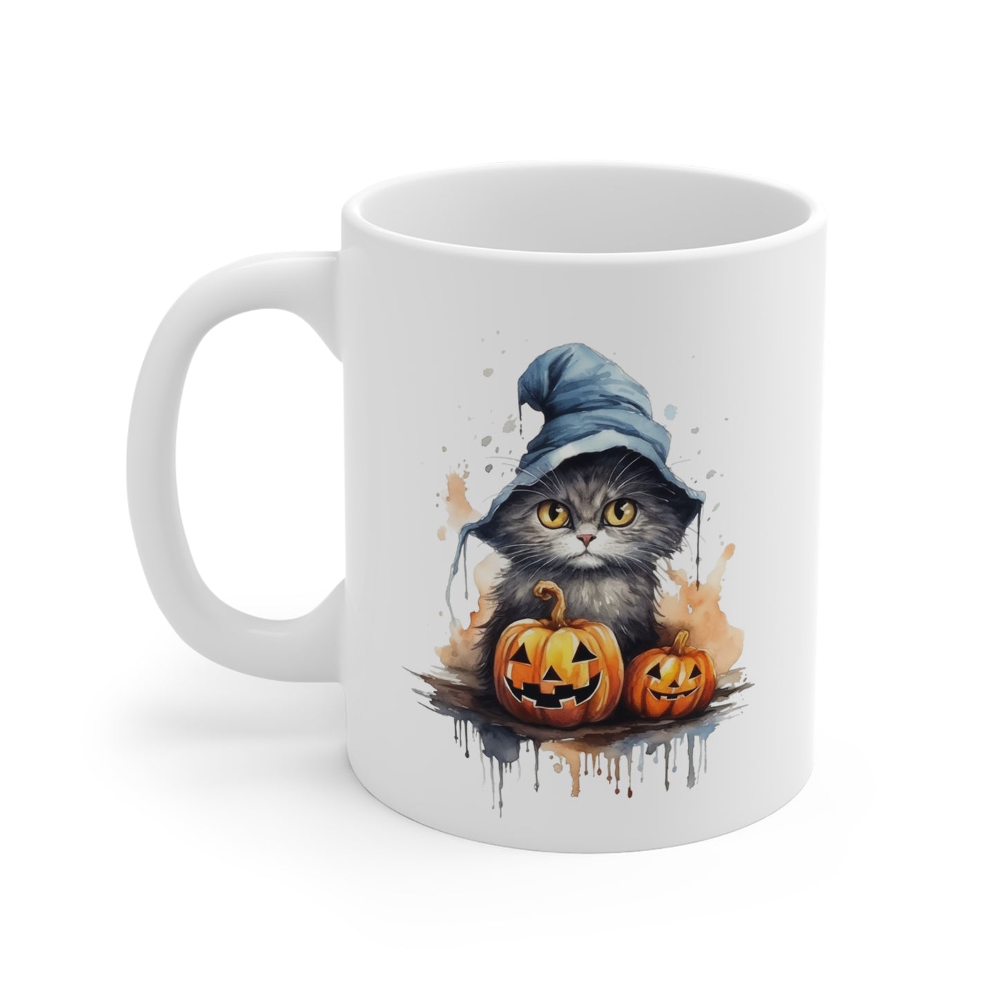 Halloween Grey Cat with Witch Hat Ceramic Mugs (11oz\15oz\20oz)